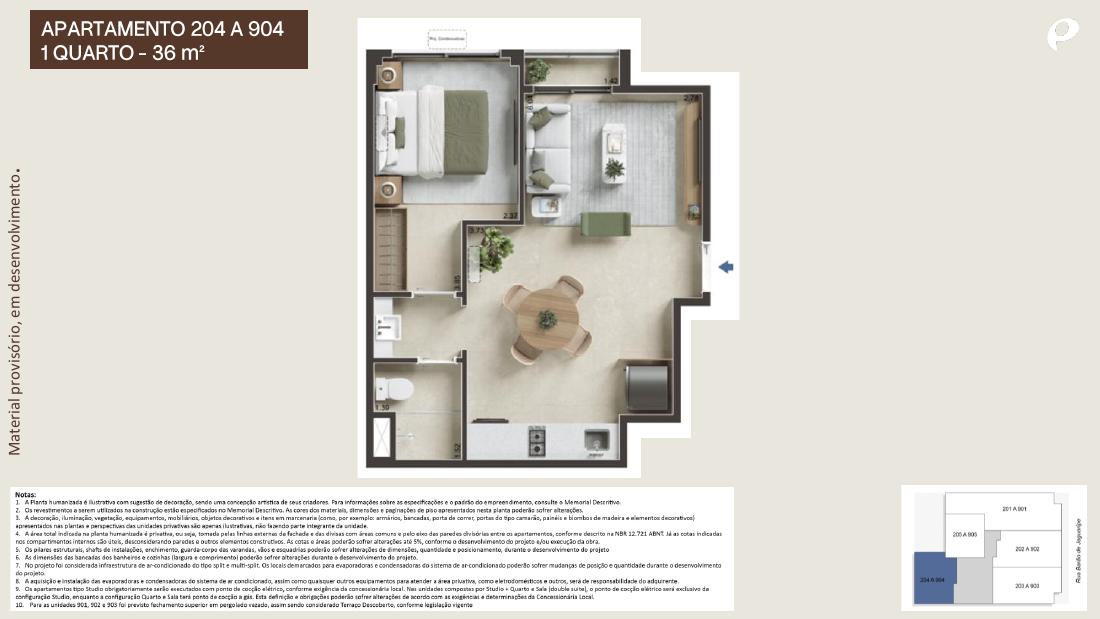 Planta de apartamento de 1 quarto de 36 m² do Barão de Jaguaripe 289, em Ipanema