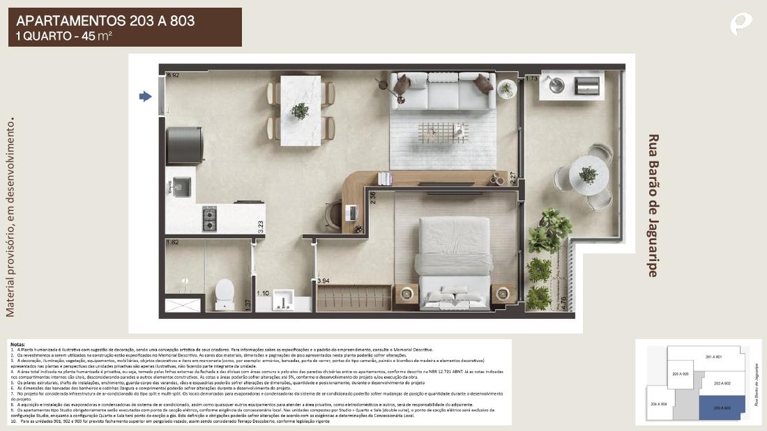 Planta de apartamento de 1 quarto de 45 m² do Barão de Jaguaripe 289, em Ipanema