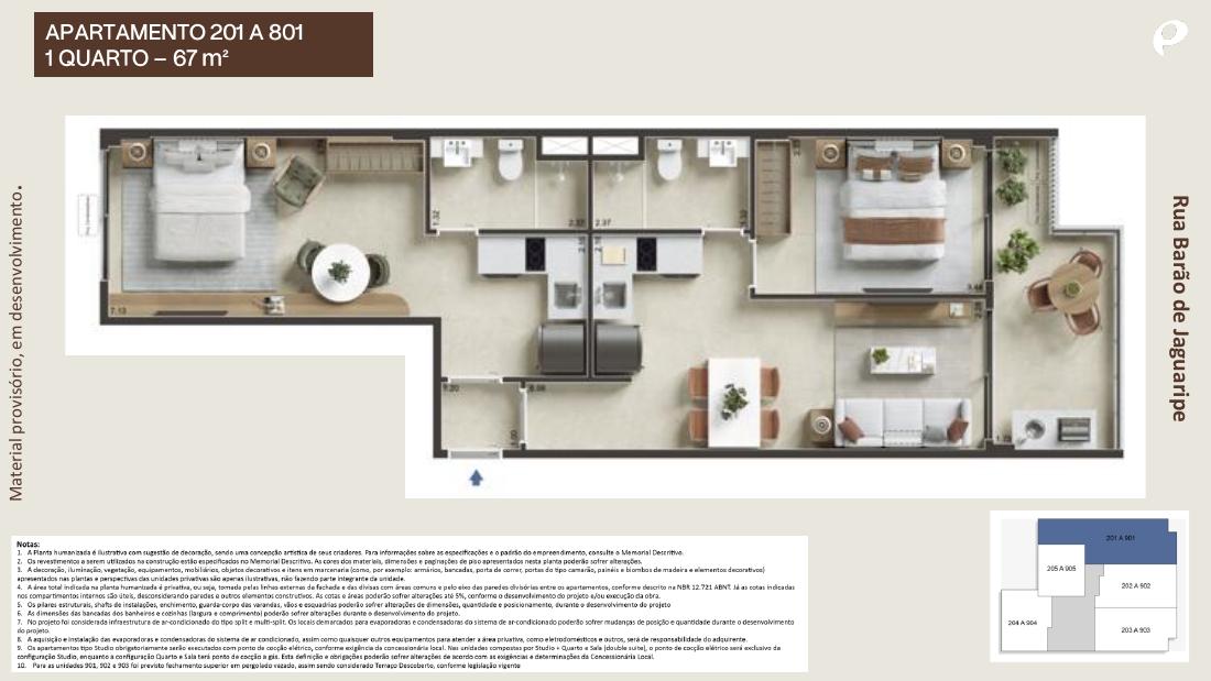 Planta de apartamento de 1 quarto de 67 m² do Barão de Jaguaripe 289, em Ipanema